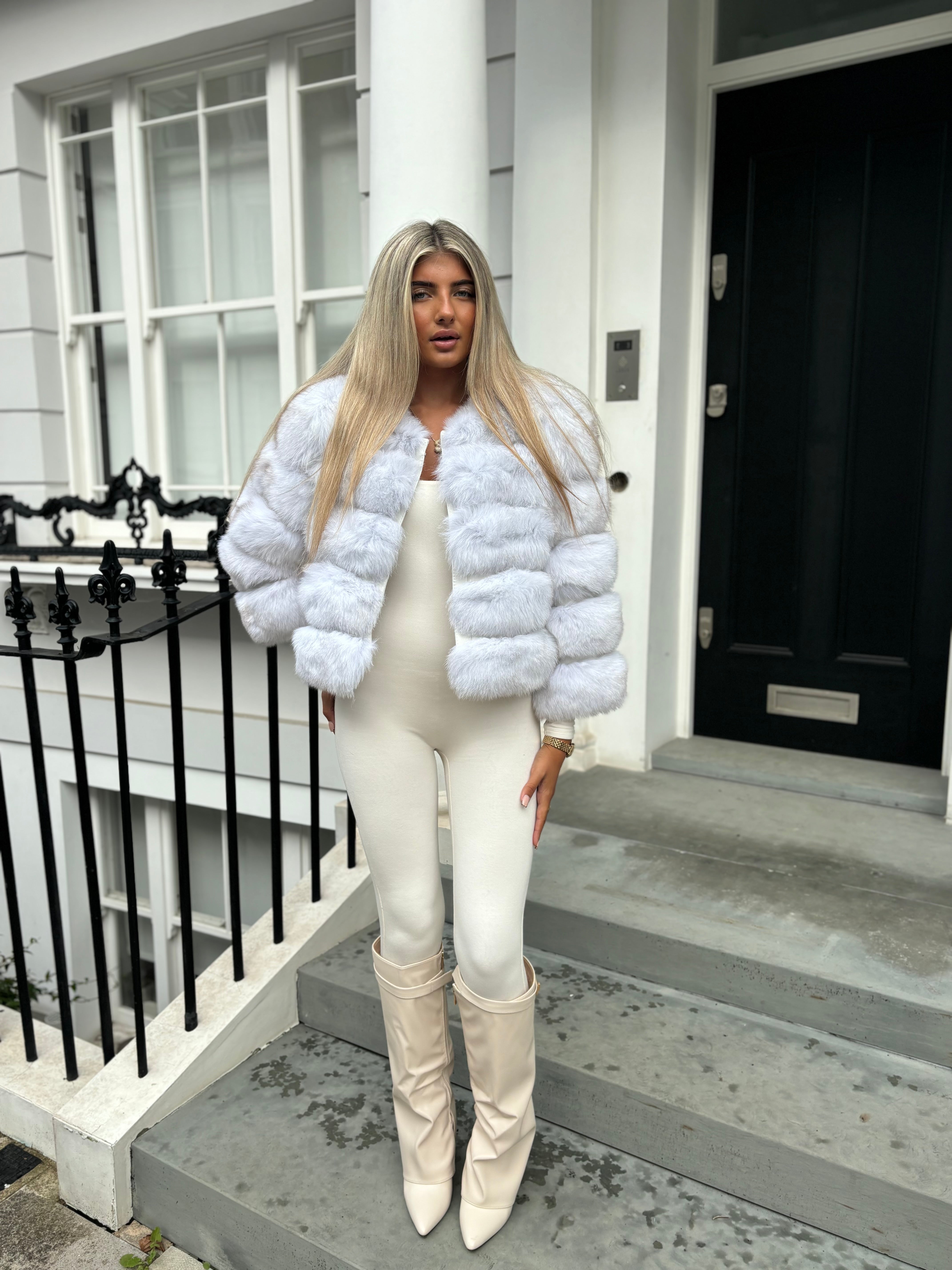 Frost white fox fur coat