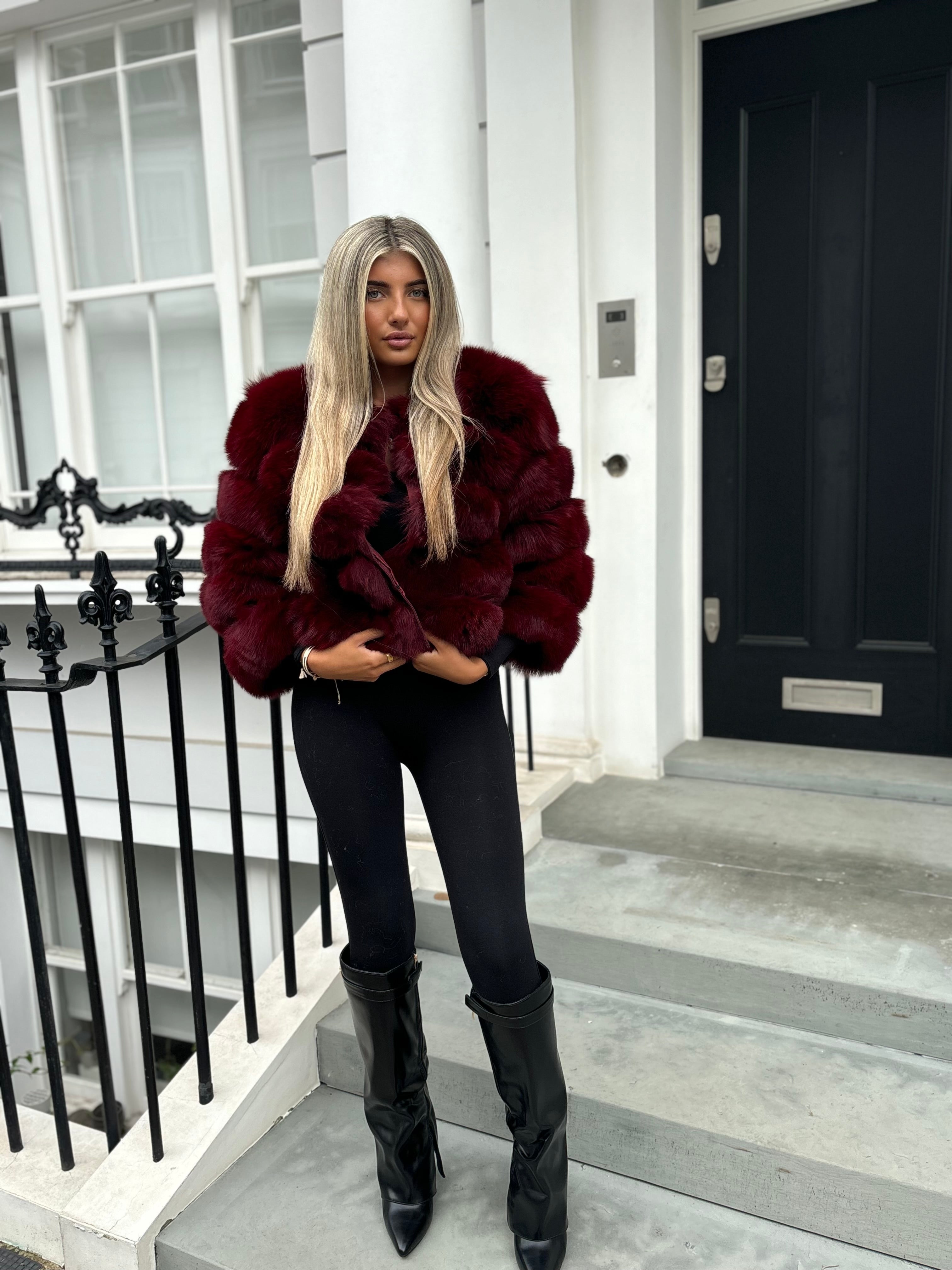 Wine red fox fur coat