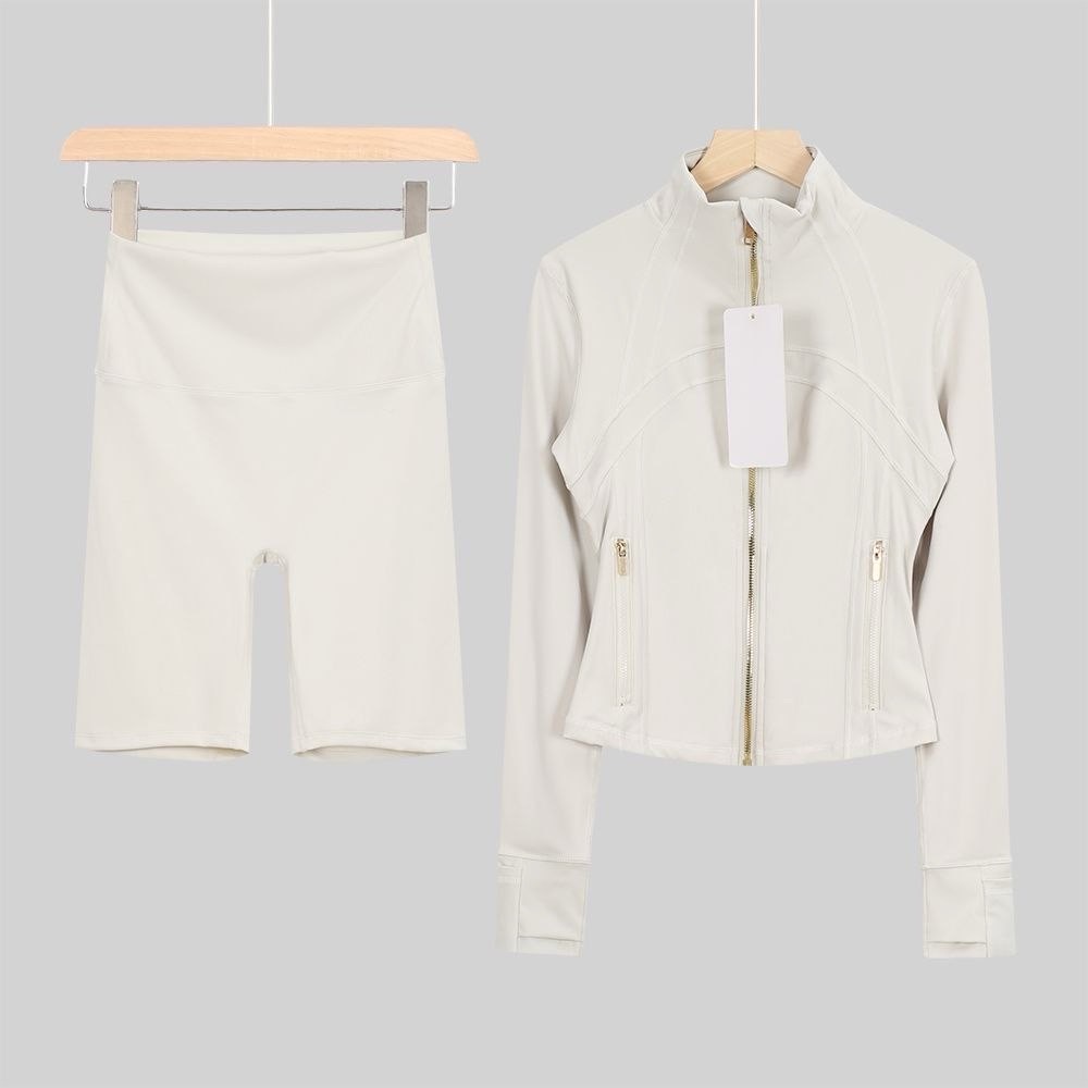 cream zip up & shorts set