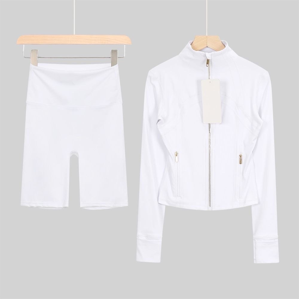 white zip up & shorts set