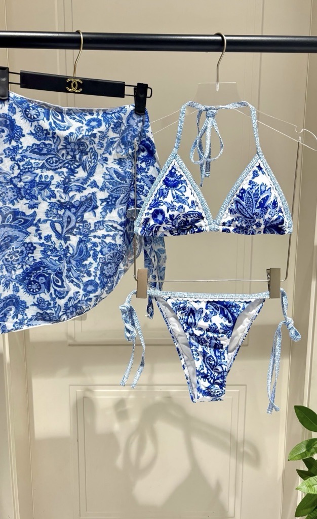 blue & white bikini & wrap