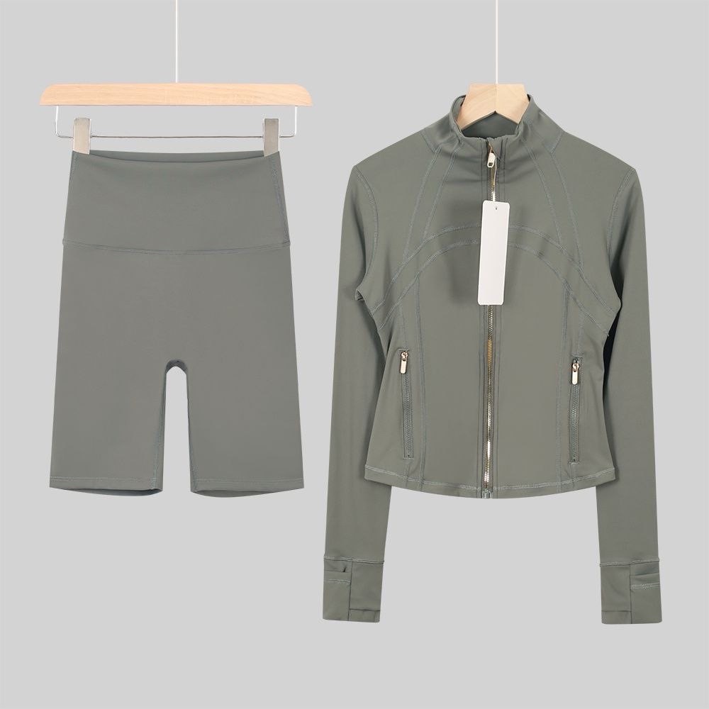 khaki zip up & shorts set