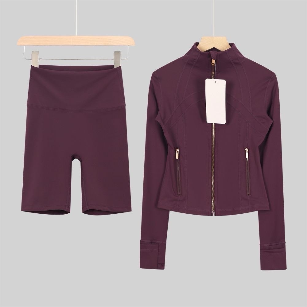 plum zip up & shorts set