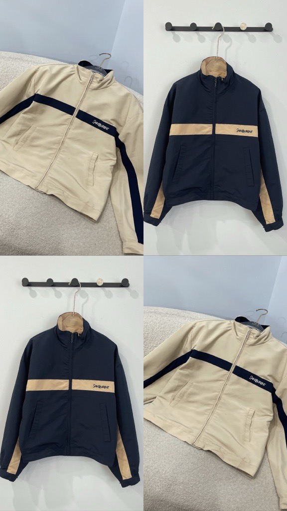 beige, navy & red jacket
