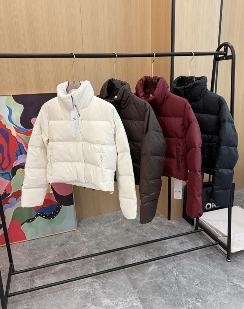 cream, brown, red & black puffer coats